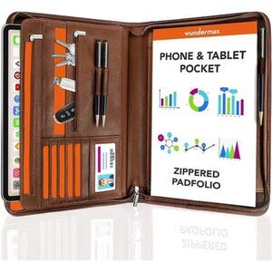 Leather Portfolio with Zipper - Business Notebook Organizer for Resume